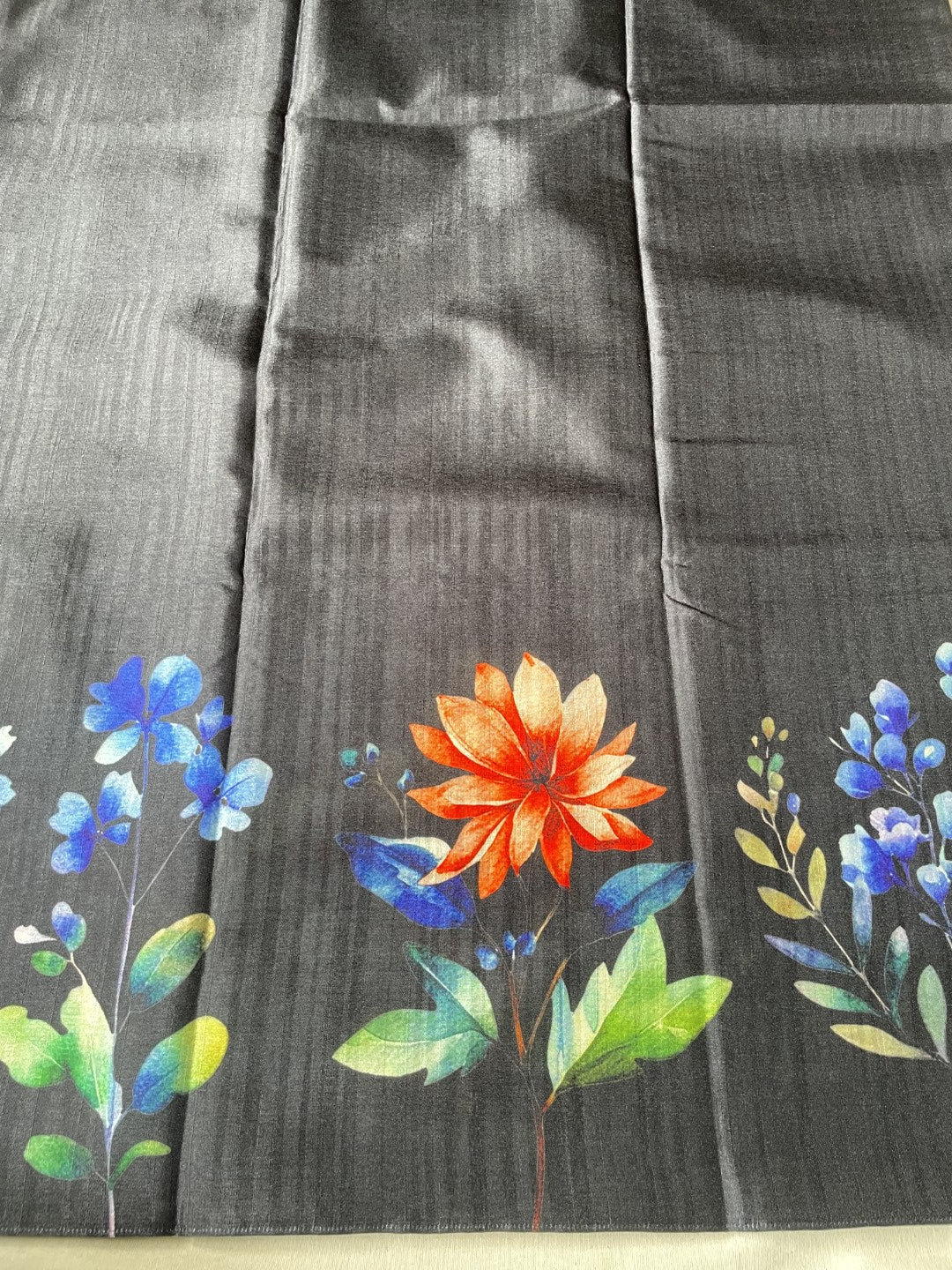 Black Floral Printed Semi Tussar Saree