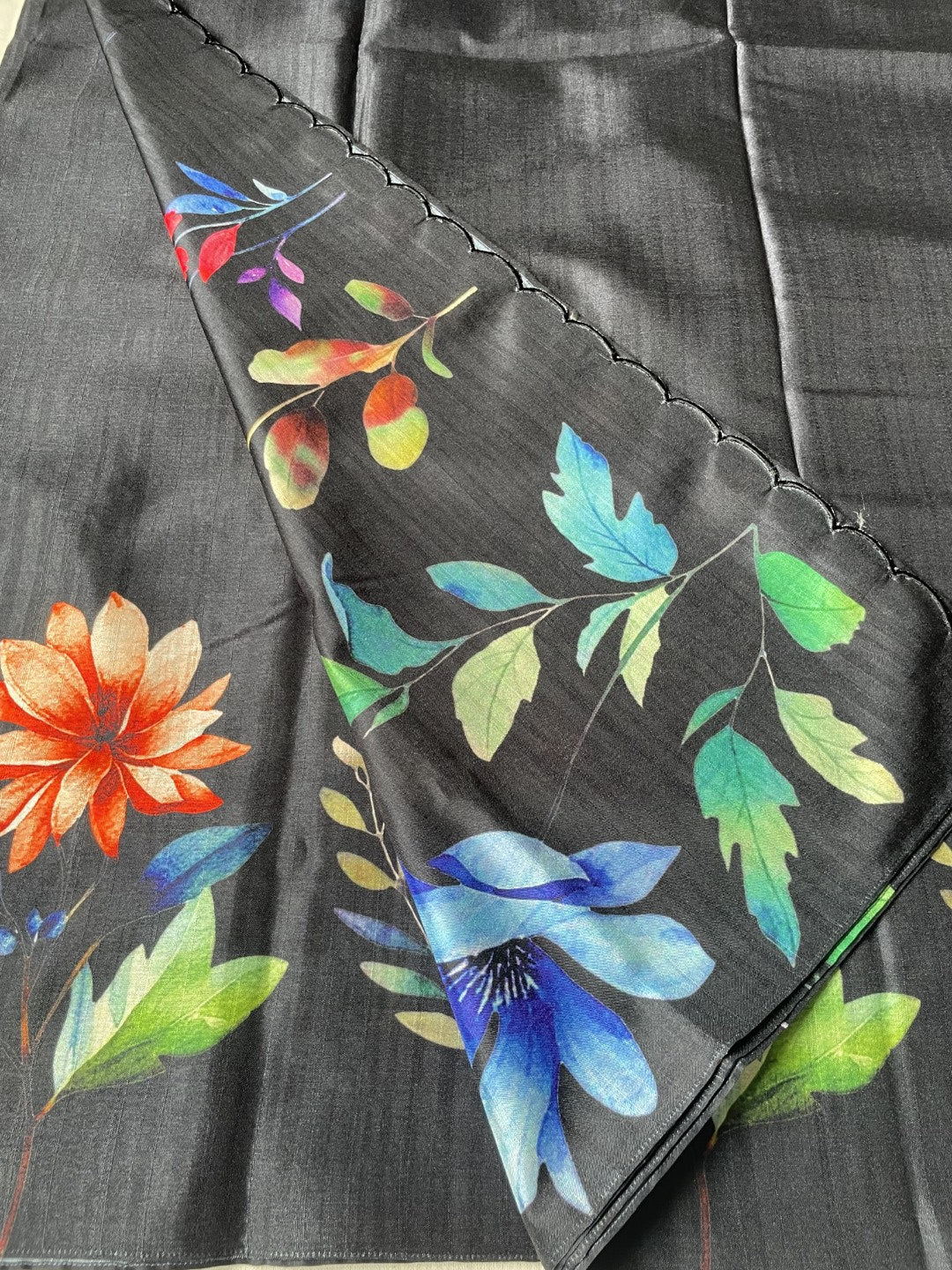 Black Floral Printed Semi Tussar Saree