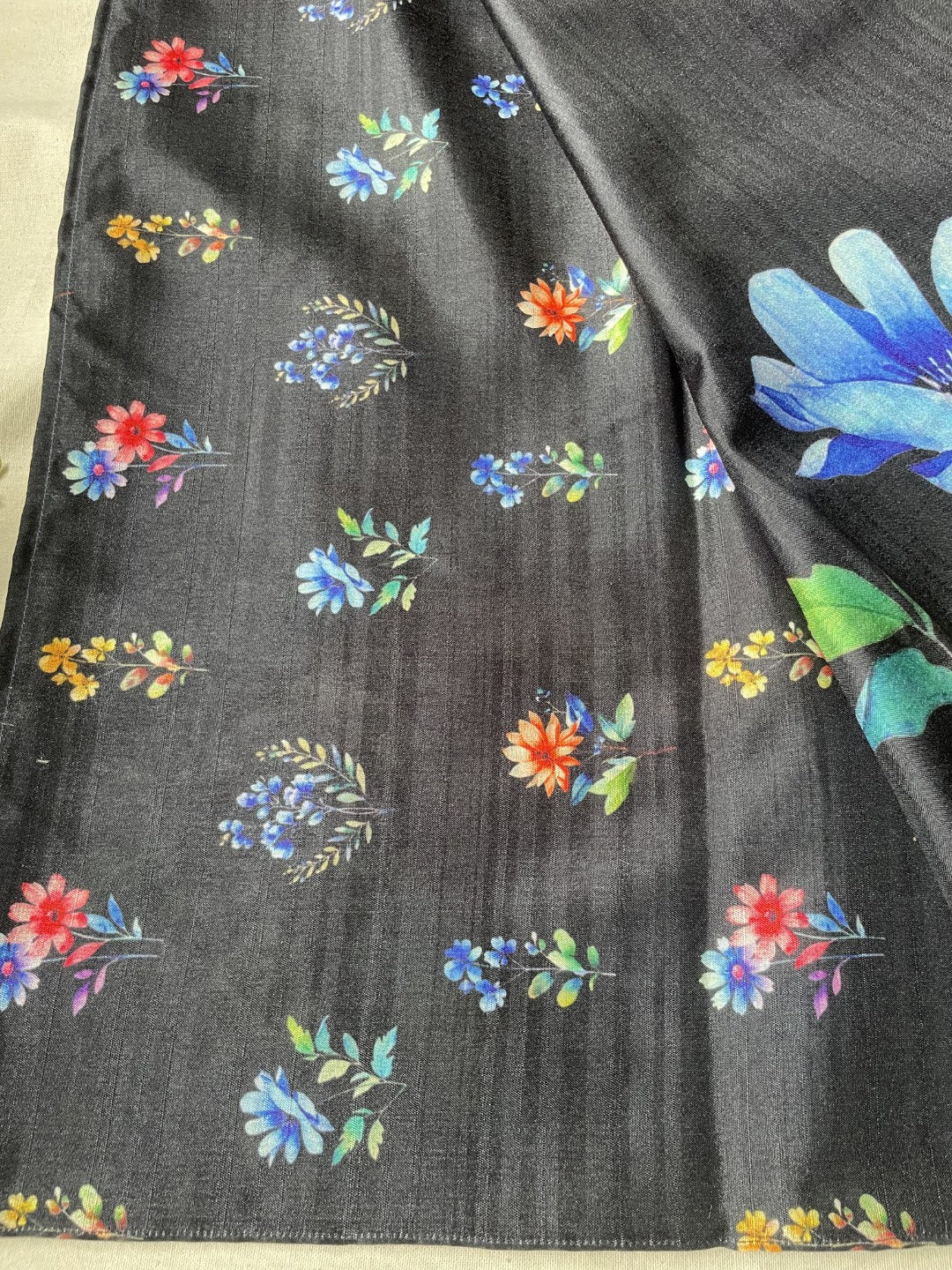 Black Floral Printed Semi Tussar Saree