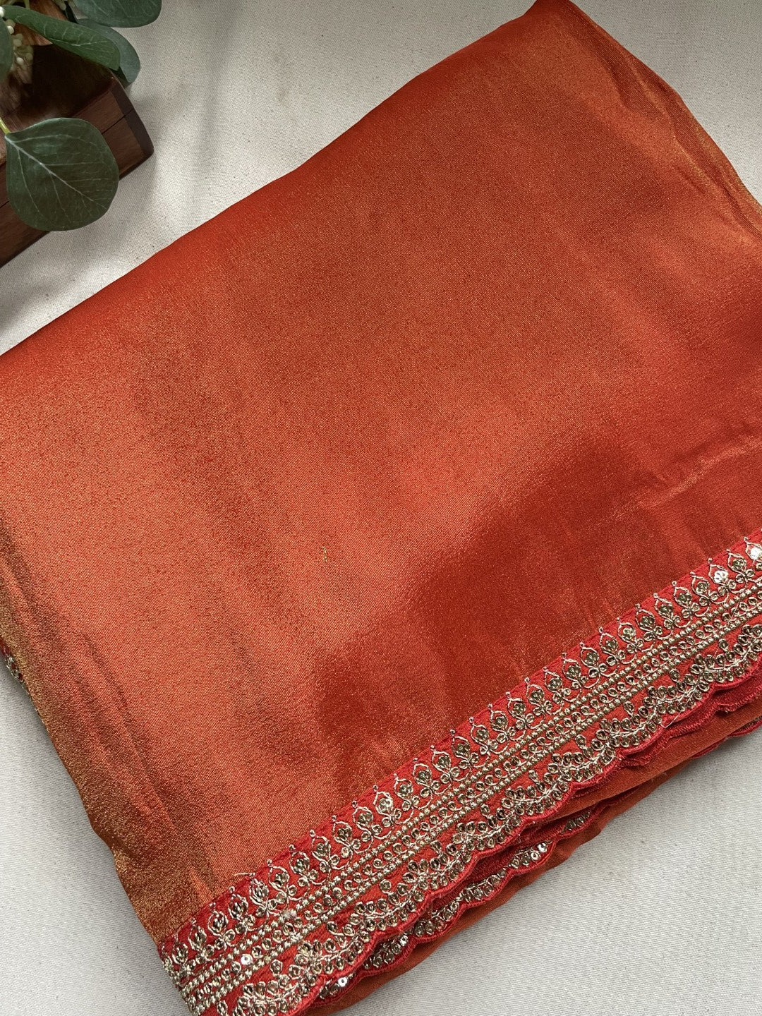 Orange Lace border Tissue Saree