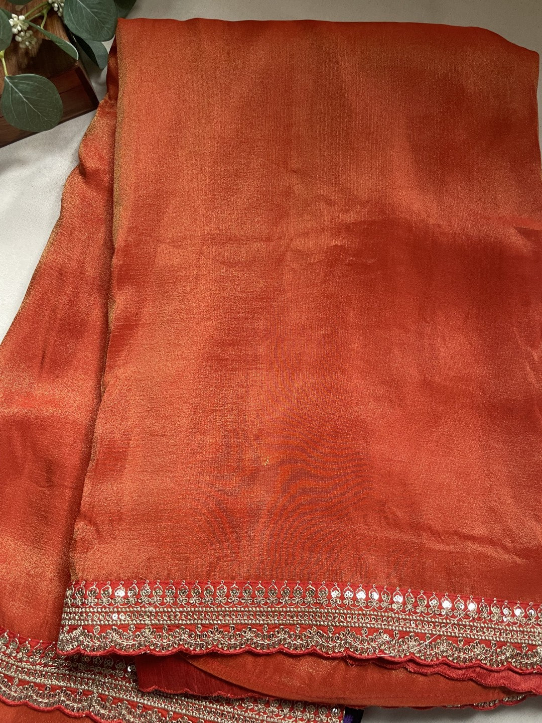 Orange Lace border Tissue Saree