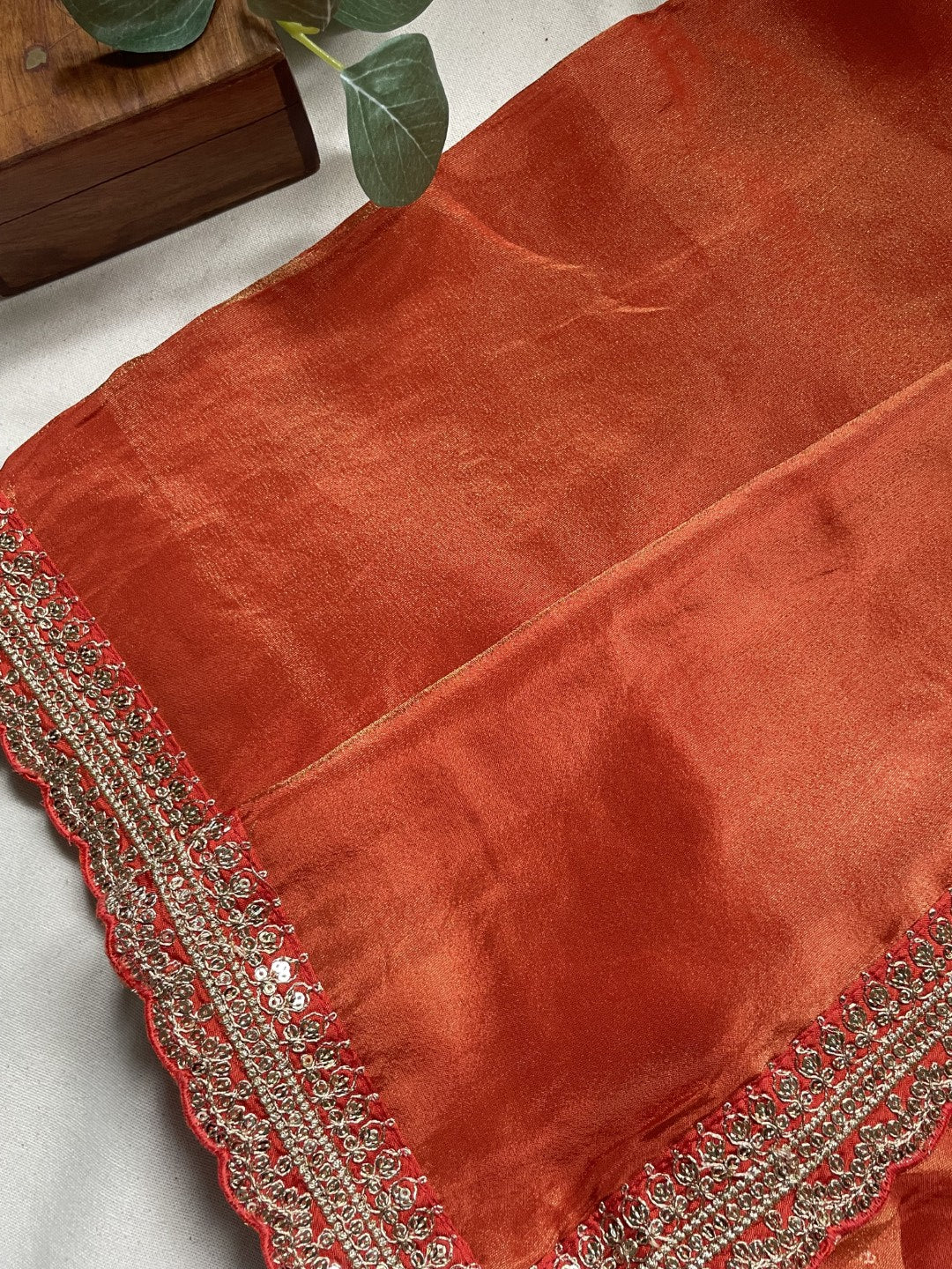 Orange Lace border Tissue Saree