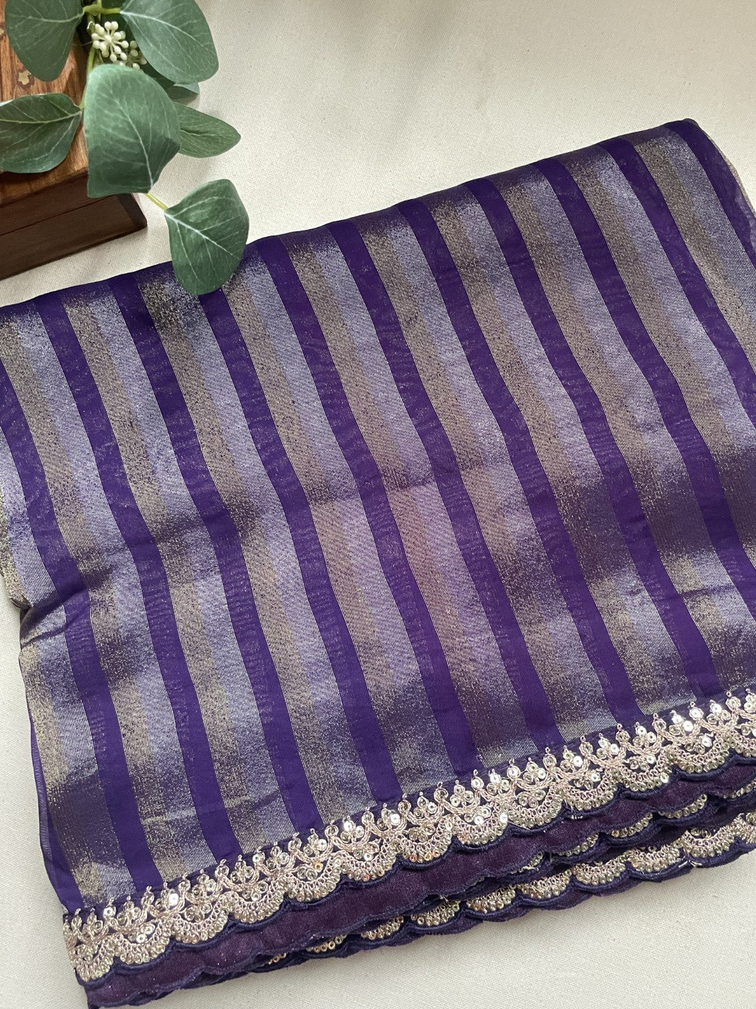 Purple Stripe Lace border Tissue Saree