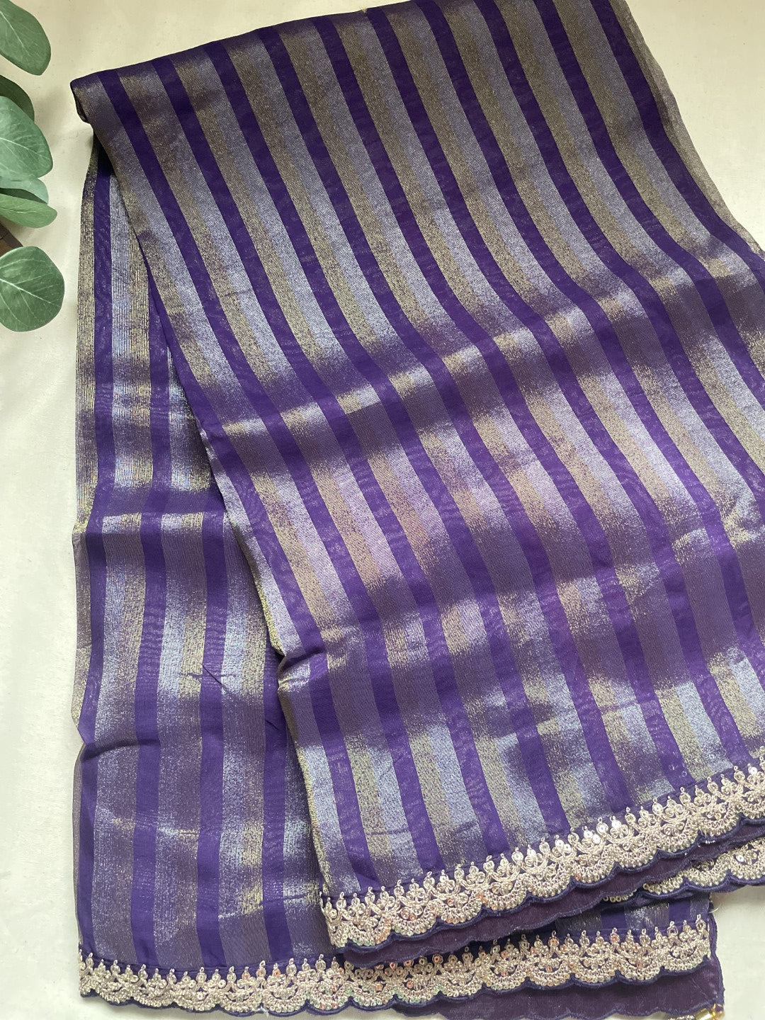 Purple Stripe Lace border Tissue Saree