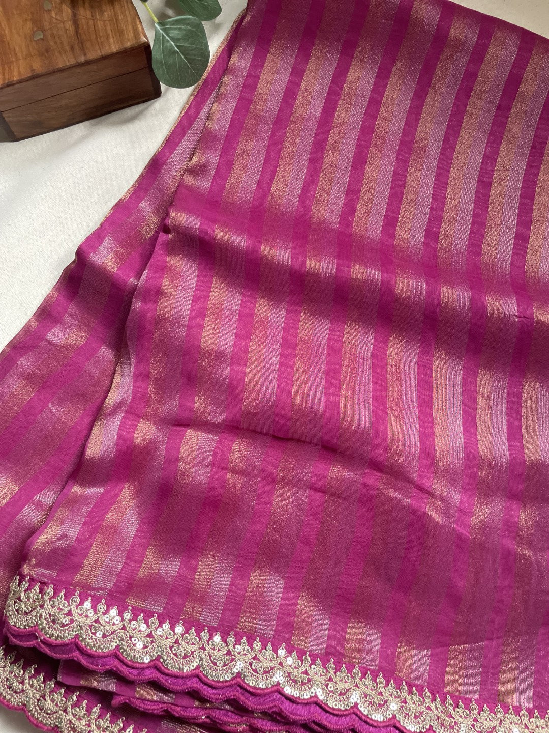 Wine Stripe Lace border Tissue Saree