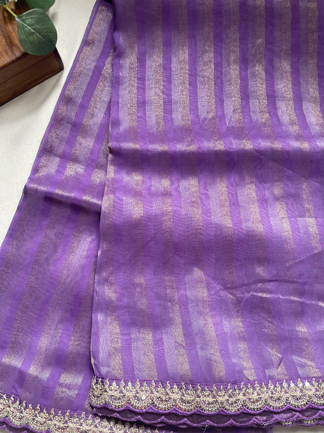 Lavender Stripe Lace border Tissue Saree