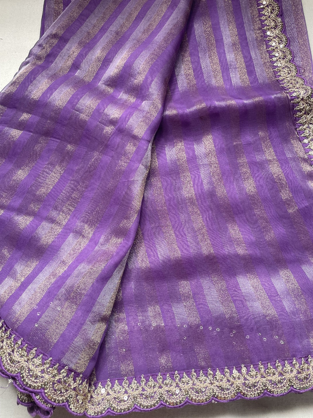 Lavender Stripe Lace border Tissue Saree