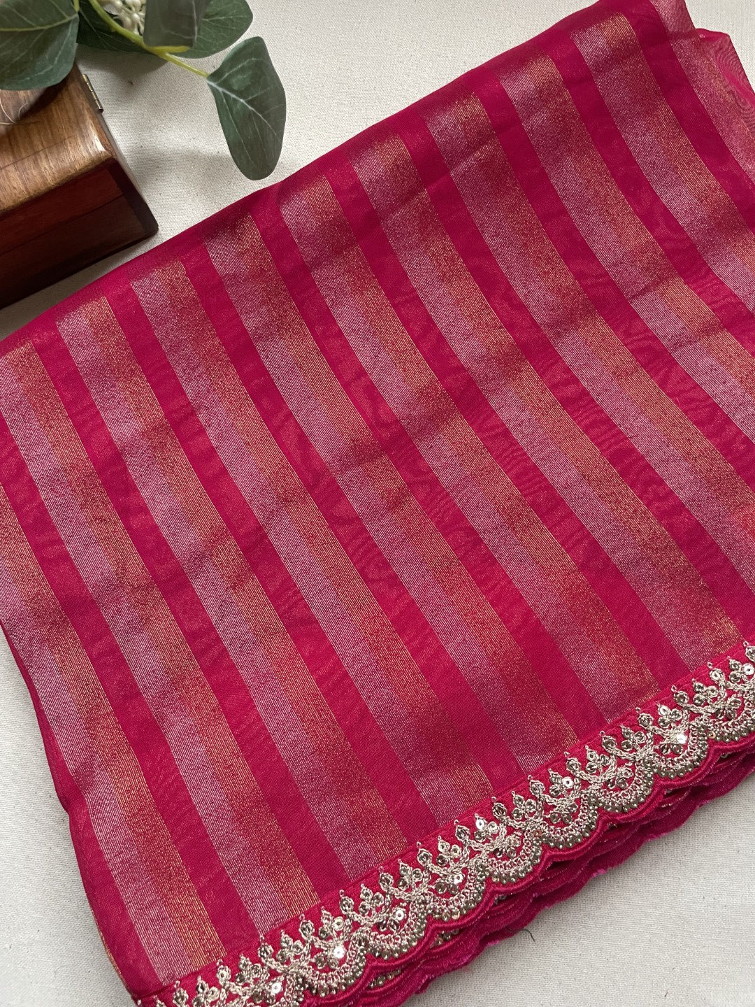 Pink Stripe Lace border Tissue Saree