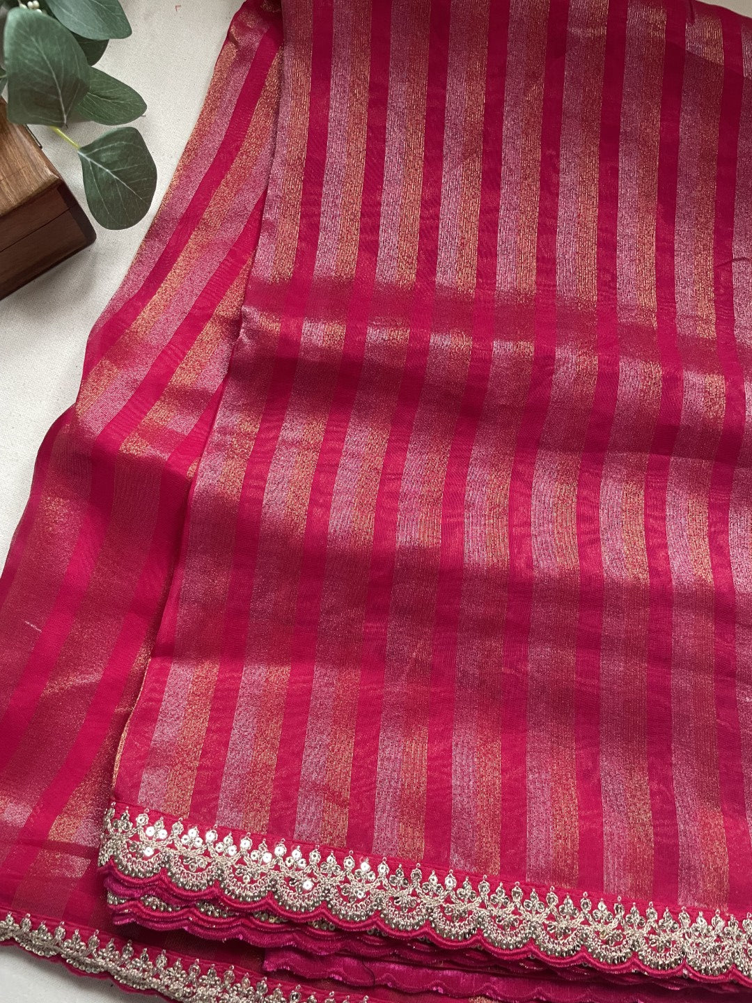 Pink Stripe Lace border Tissue Saree