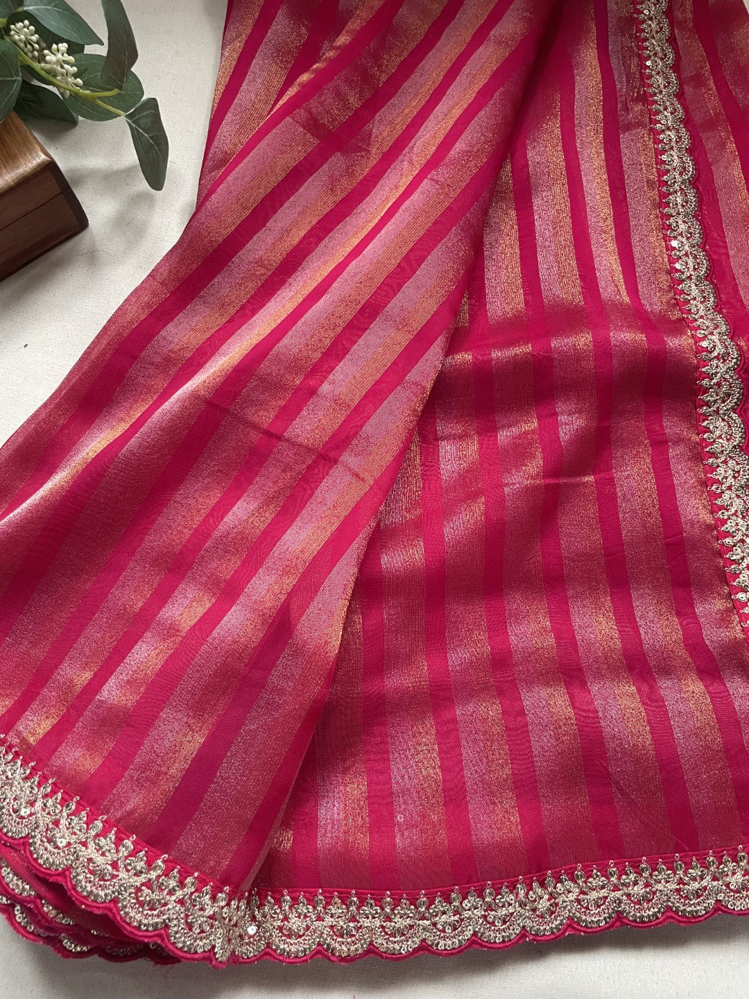 Pink Stripe Lace border Tissue Saree