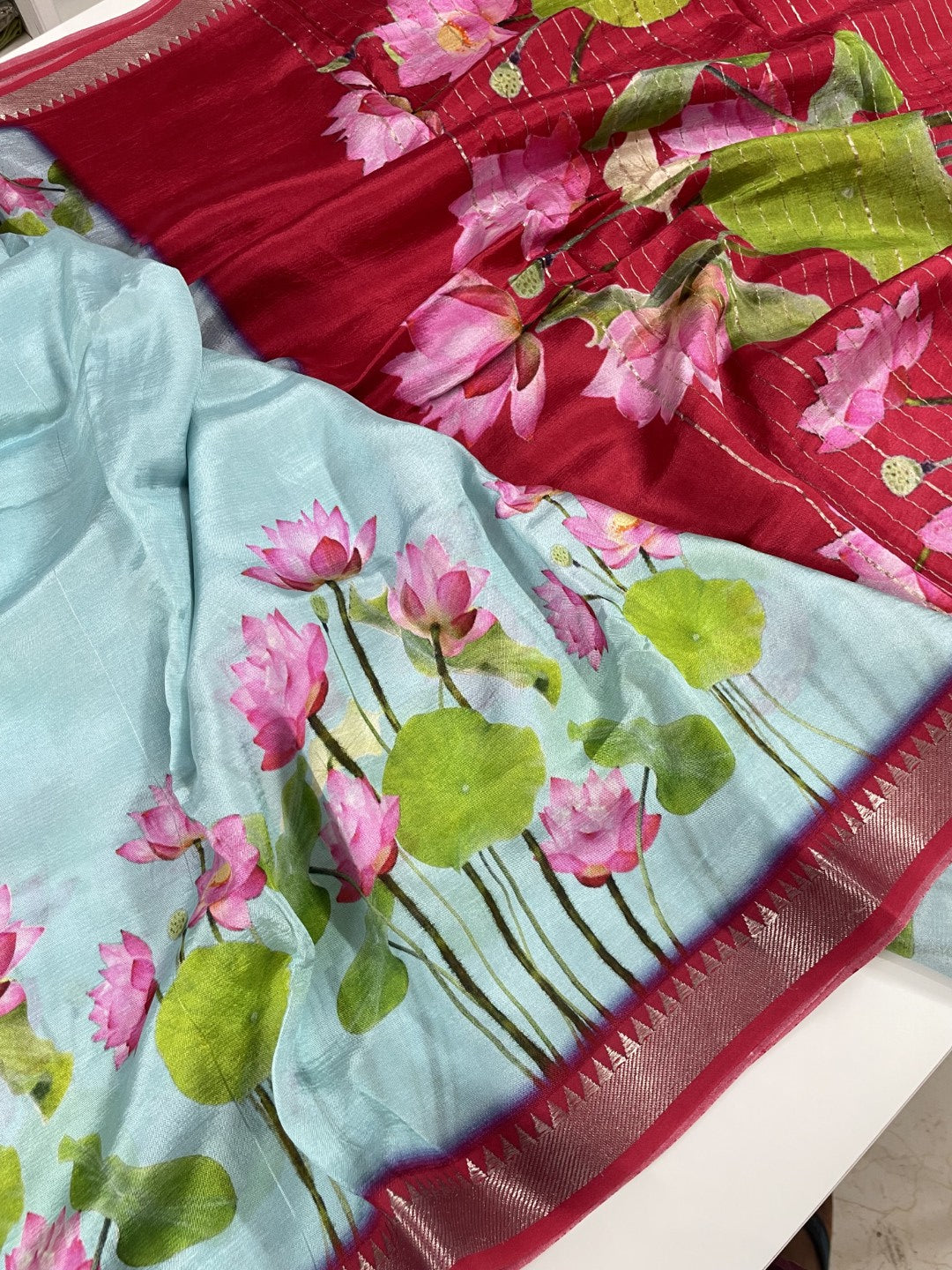 Blue Floral Printed Pure Mangalgiri Silk Saree