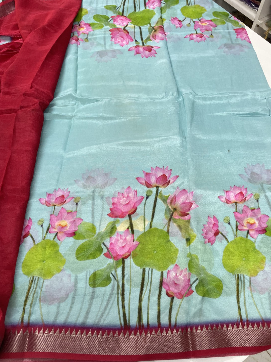 Blue Floral Printed Pure Mangalgiri Silk Saree