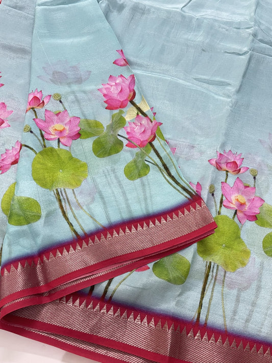 Blue Floral Printed Pure Mangalgiri Silk Saree