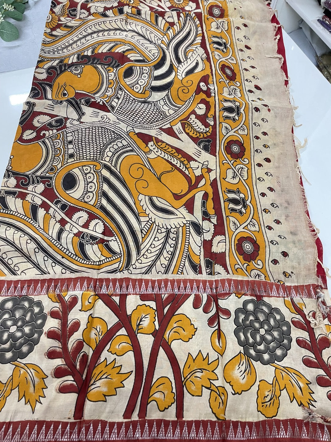 Red Kalamkari Printed Mangalgiri Silk Cotton Saree