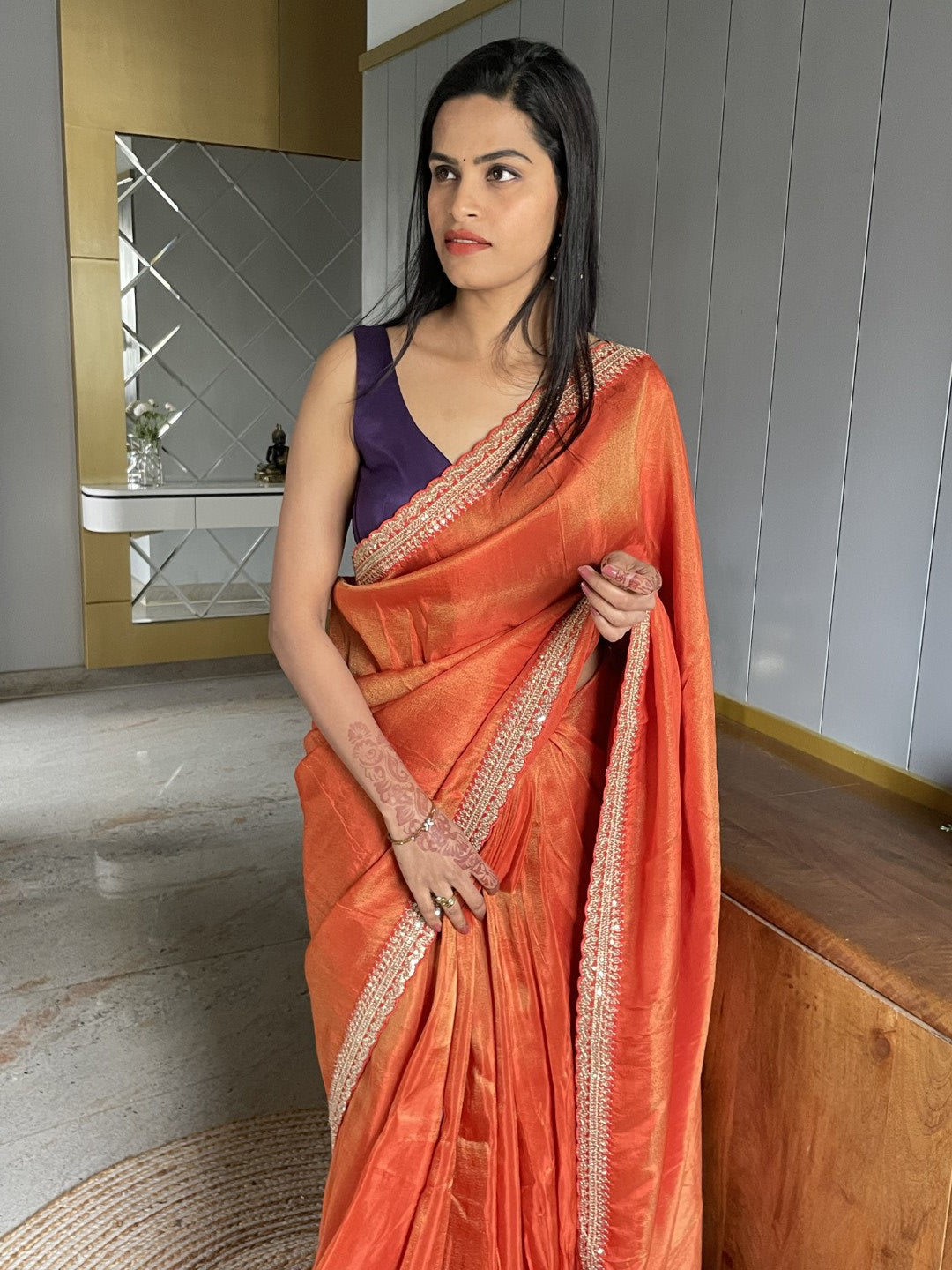 Orange Lace border Tissue Saree