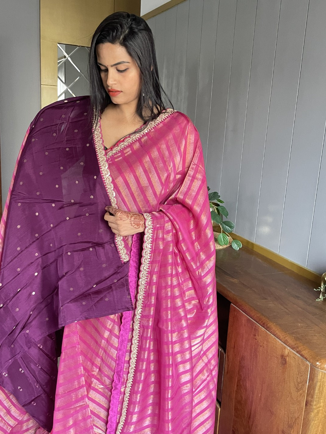 Wine Stripe Lace border Tissue Saree
