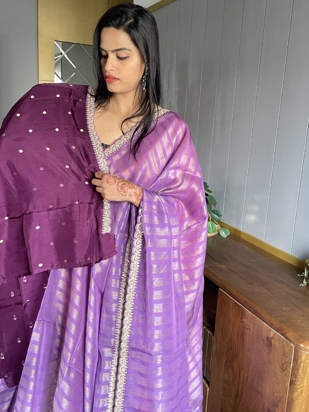 Lavender Stripe Lace border Tissue Saree