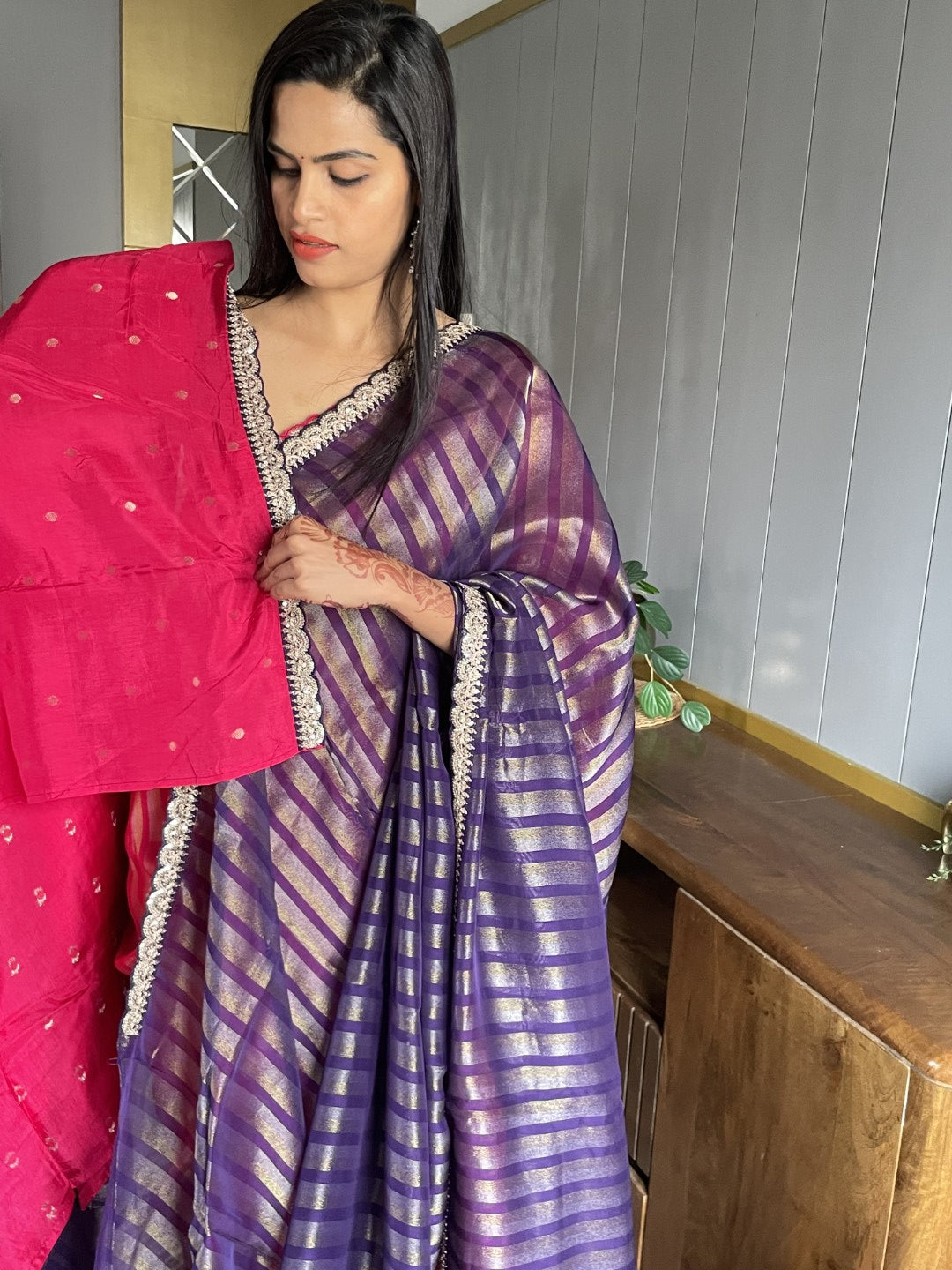 Purple Stripe Lace border Tissue Saree