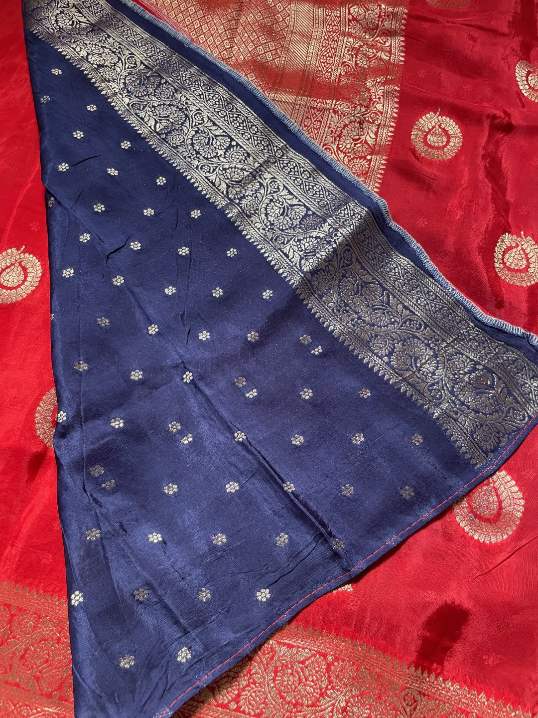 Pink N Blue Satin Crepe(02) Silk Saree