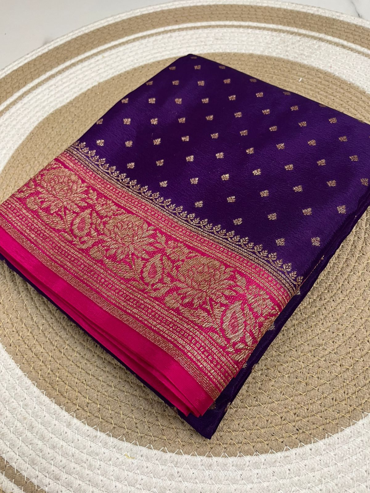 Purple N Pink Banarasi Pure Crepe Chiffon Silk Saree - Pre Order