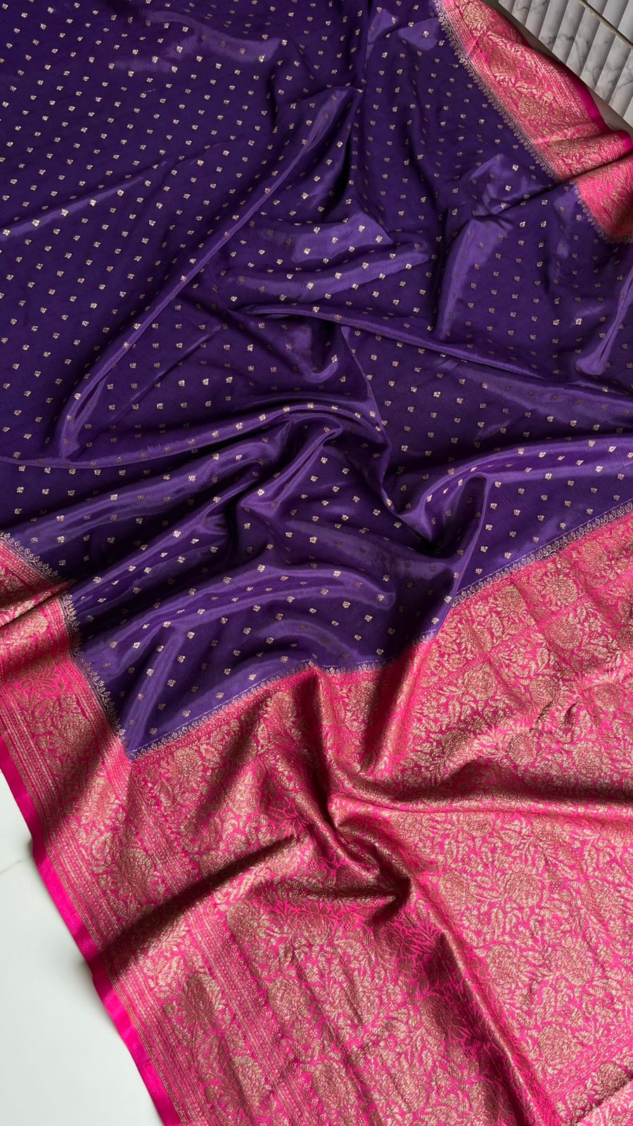Purple N Pink Banarasi Pure Crepe Chiffon Silk Saree - Pre Order