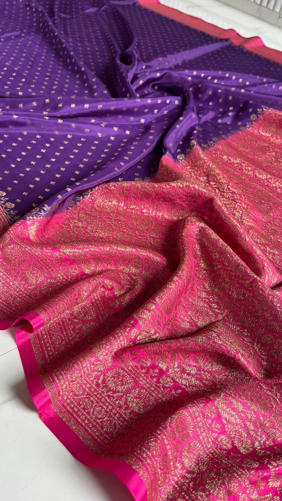 Purple N Pink Banarasi Pure Crepe Chiffon Silk Saree - Pre Order