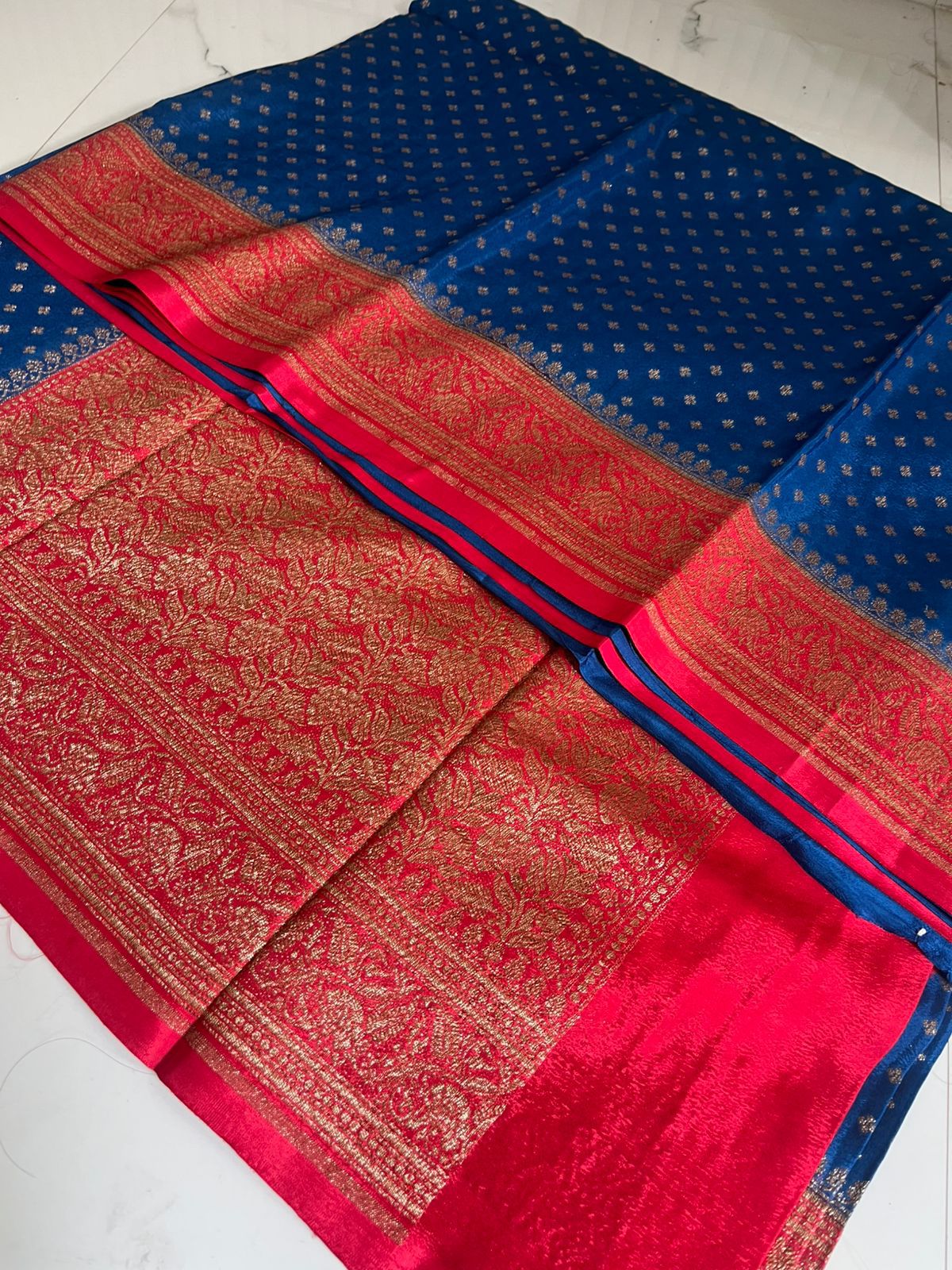 Blue N Red Butta Banarasi Pure Crepe Chiffon Saree - Pre Order
