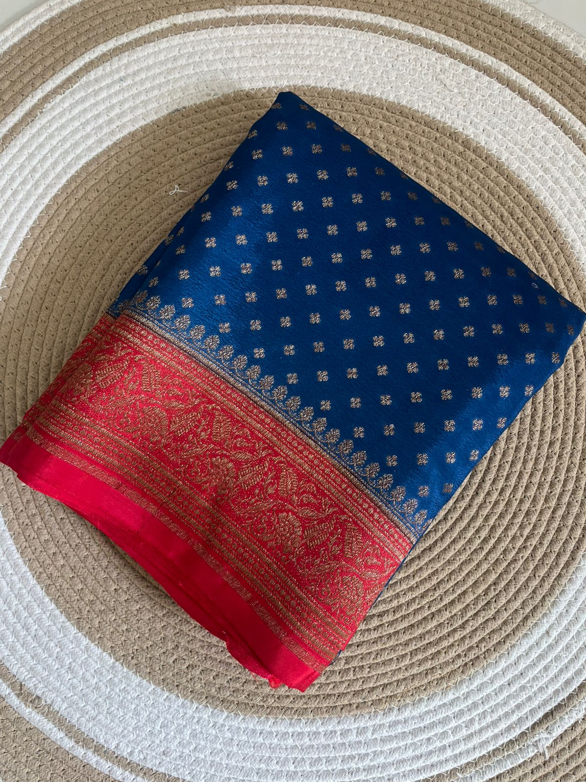Blue N Red Butta Banarasi Pure Crepe Chiffon Saree - Pre Order