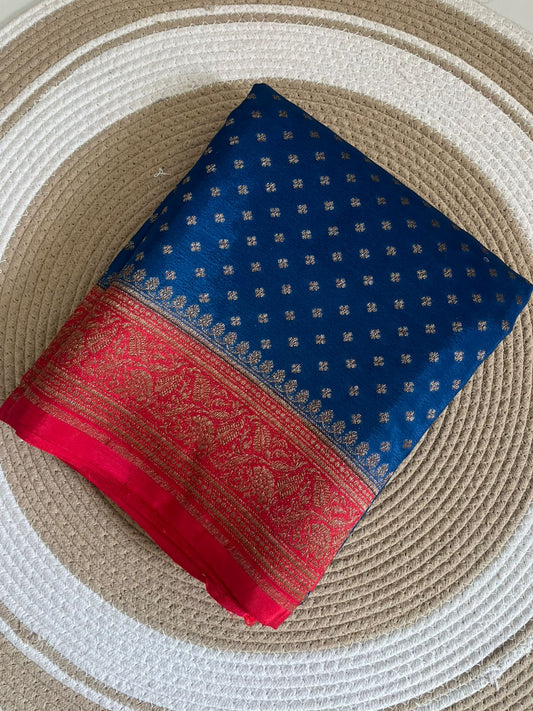 Blue N Red Butta Banarasi Pure Crepe Chiffon Saree - Pre Order