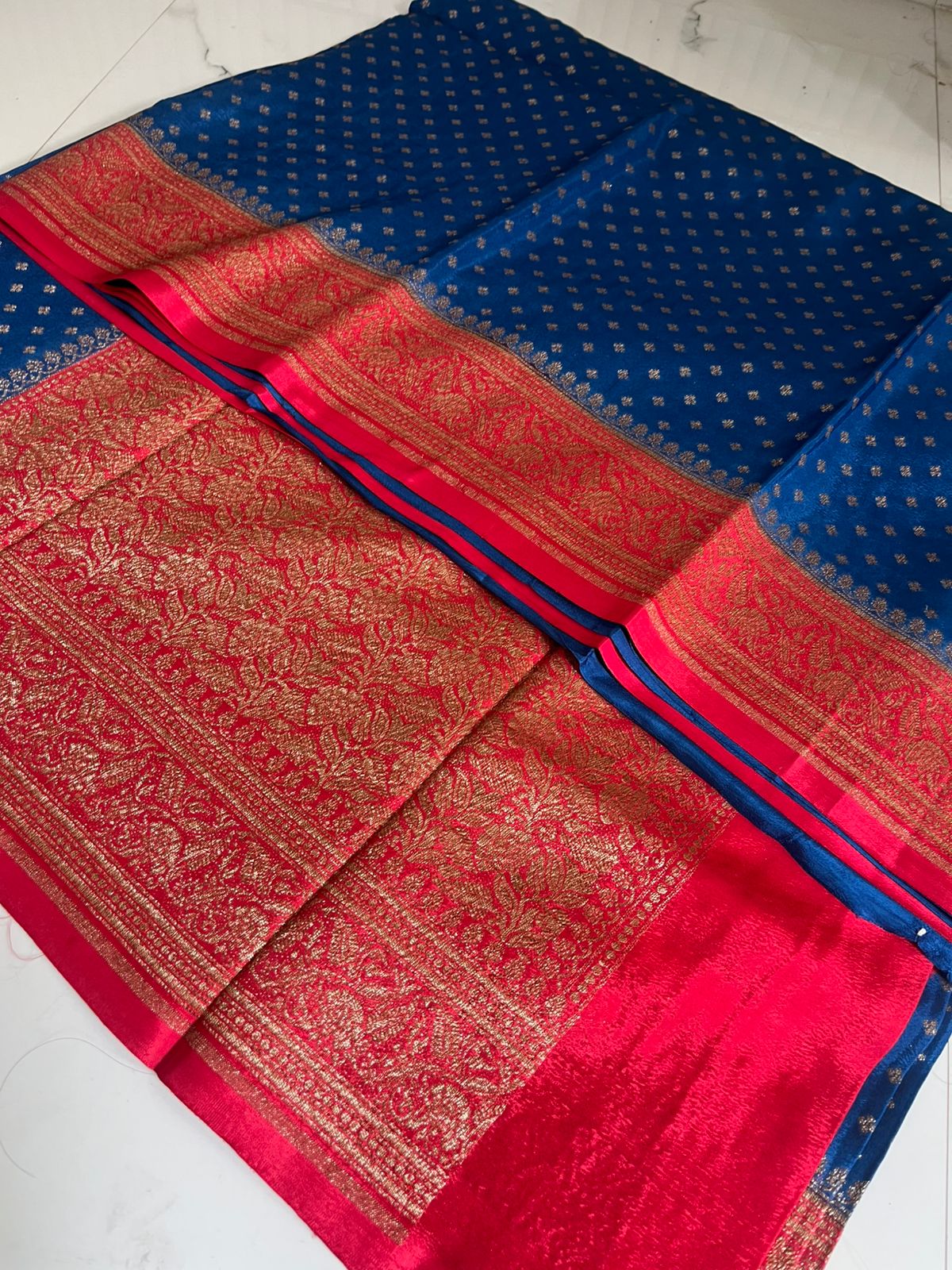Blue N Red Butta Banarasi Pure Crepe Chiffon Saree - Pre Order