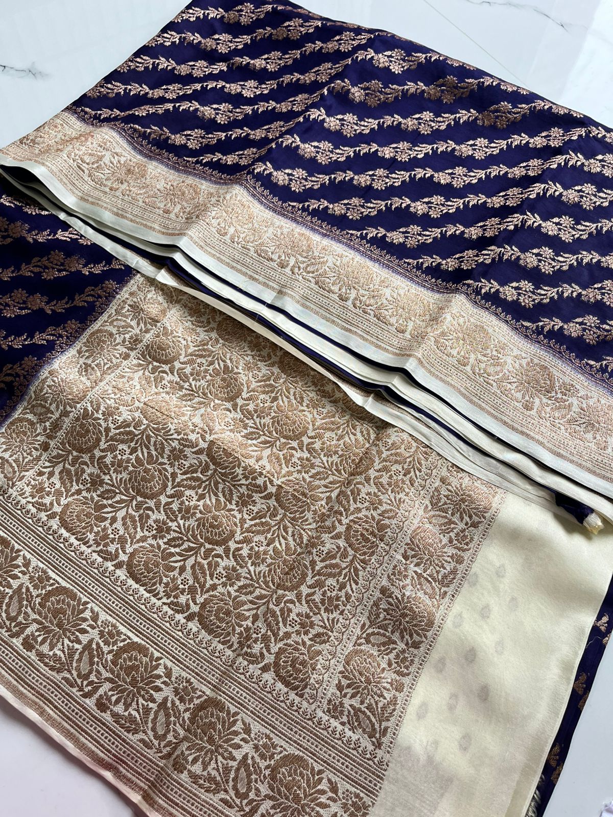 Blue N White Lehariya Banarasi Pure Crepe Chiffon Saree