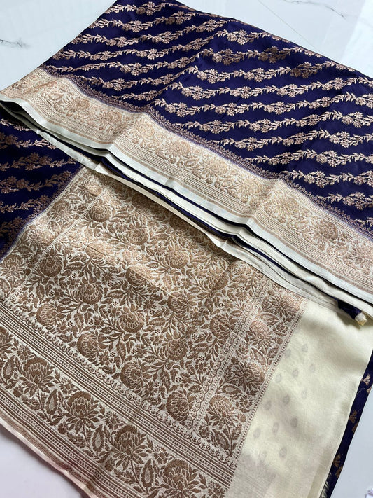 Blue N White Lehariya Banarasi Pure Crepe Chiffon Saree