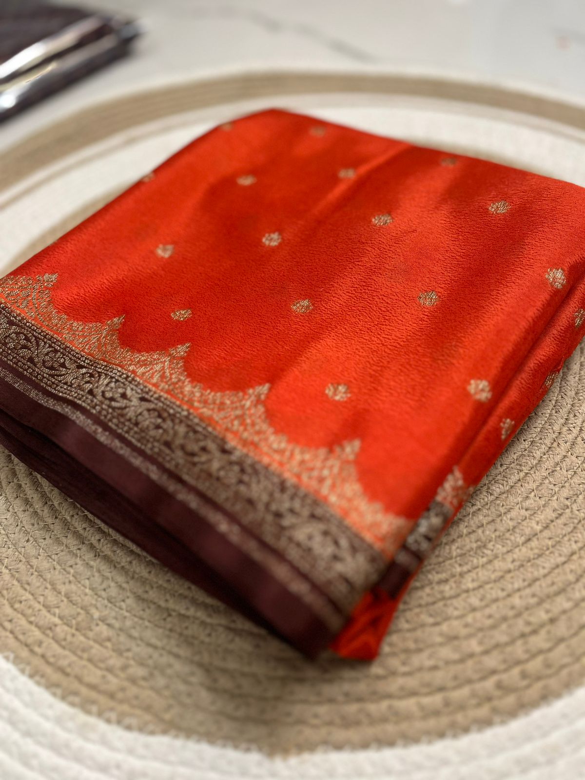 Orange N Brown Scallop Banarasi Pure Crepe Chiffon Saree