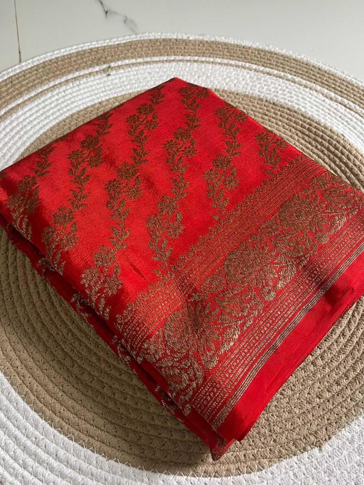 Red Lehariya Banarasi Pure Crepe Chiffon Saree
