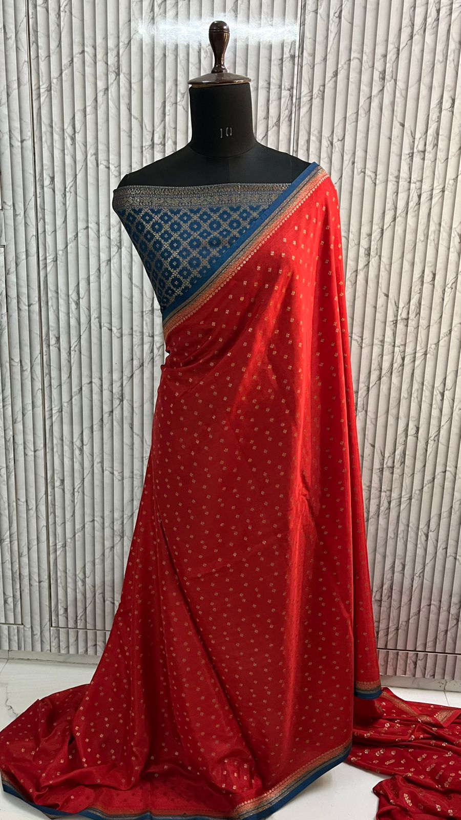 Red N Blue Small Border Banarasi Pure Crepe Chiffon Saree