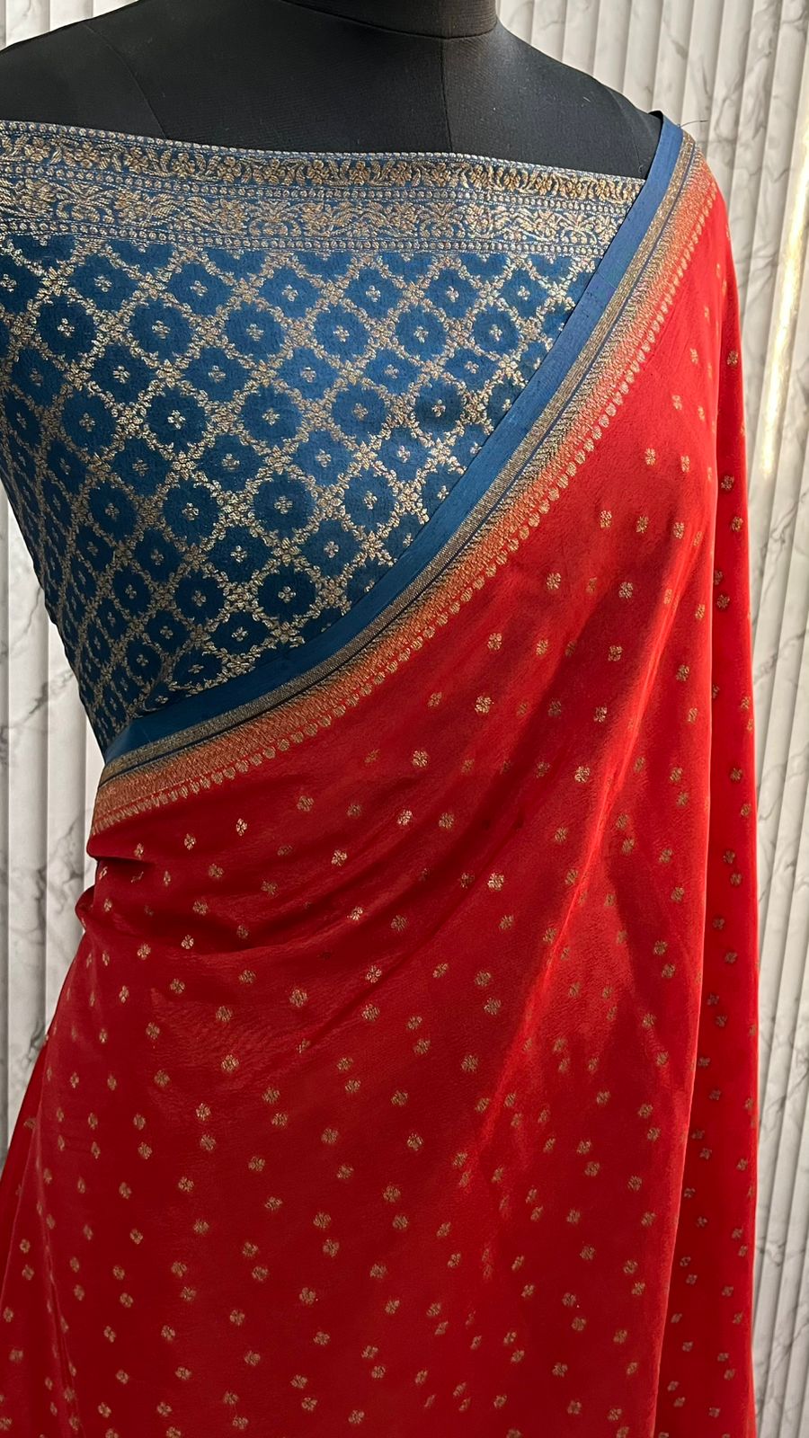 Red N Blue Small Border Banarasi Pure Crepe Chiffon Saree