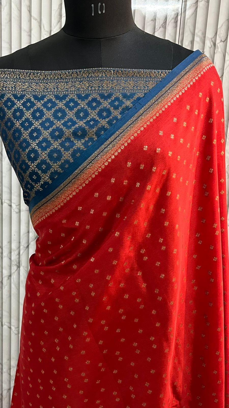 Red N Blue Small Border Banarasi Pure Crepe Chiffon Saree