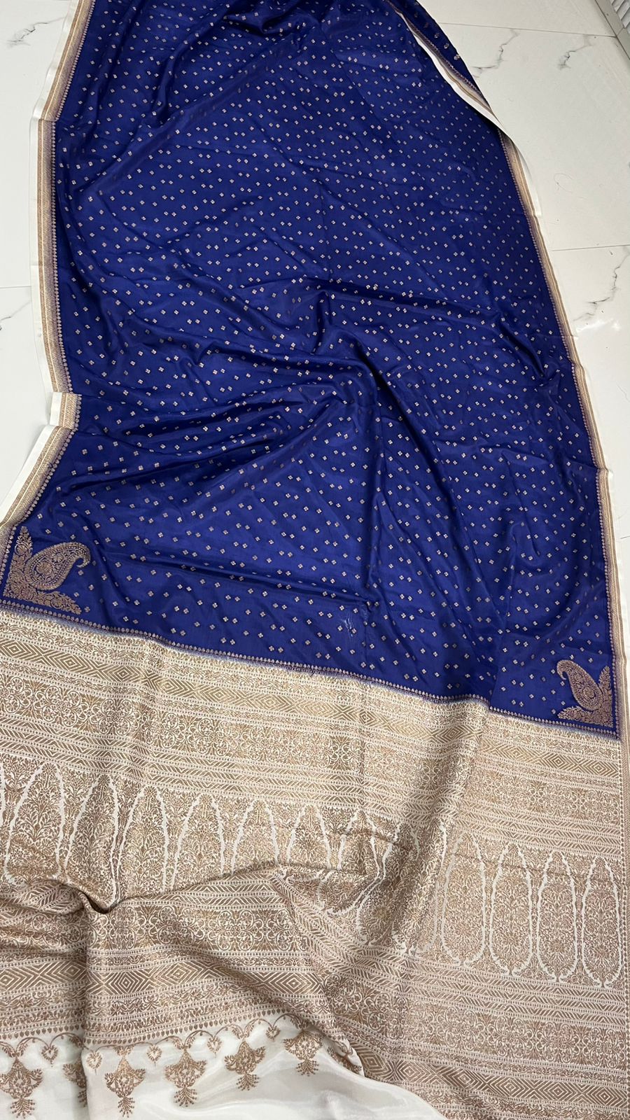 Blue N White Small Border Banarasi Pure Crepe Chiffon Saree
