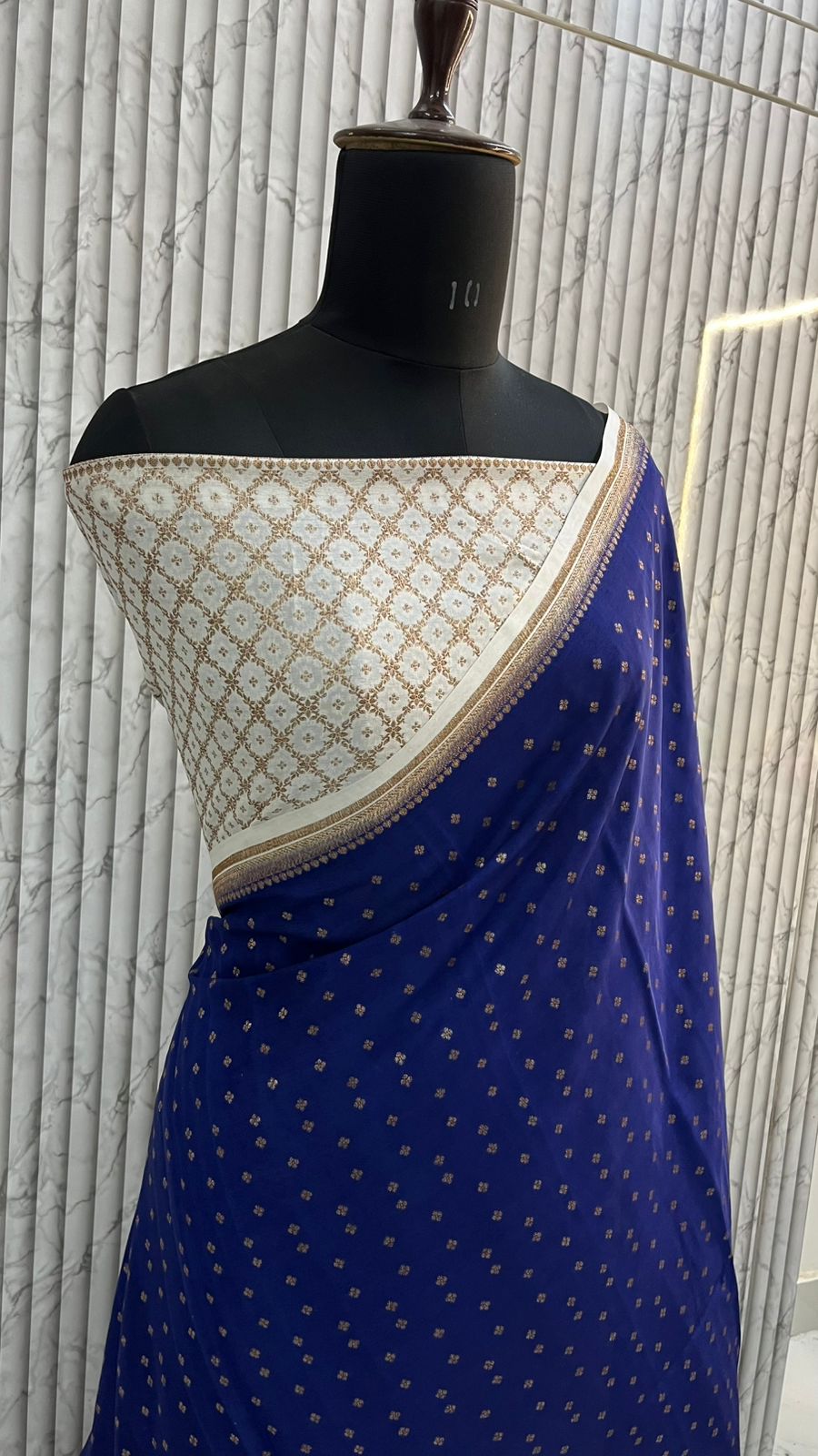 Blue N White Small Border Banarasi Pure Crepe Chiffon Saree