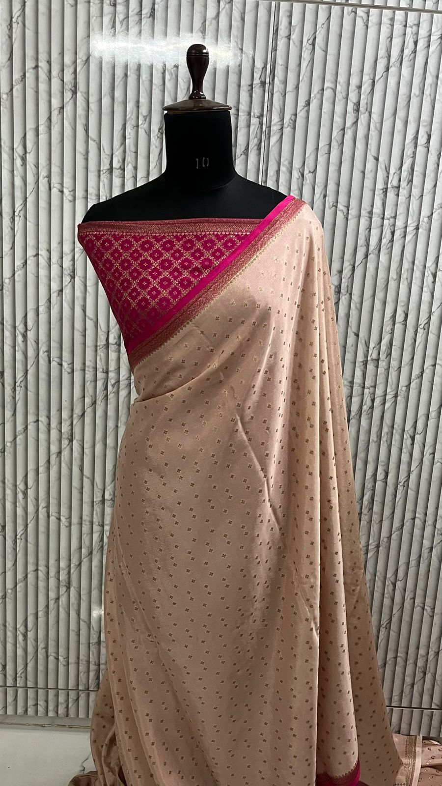 Peach N Pink Small Border Banarasi Pure Crepe Chiffon Saree