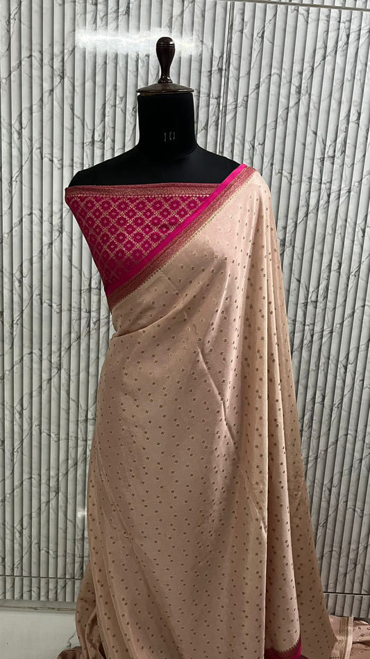 Peach N Pink Small Border Banarasi Pure Crepe Chiffon Saree