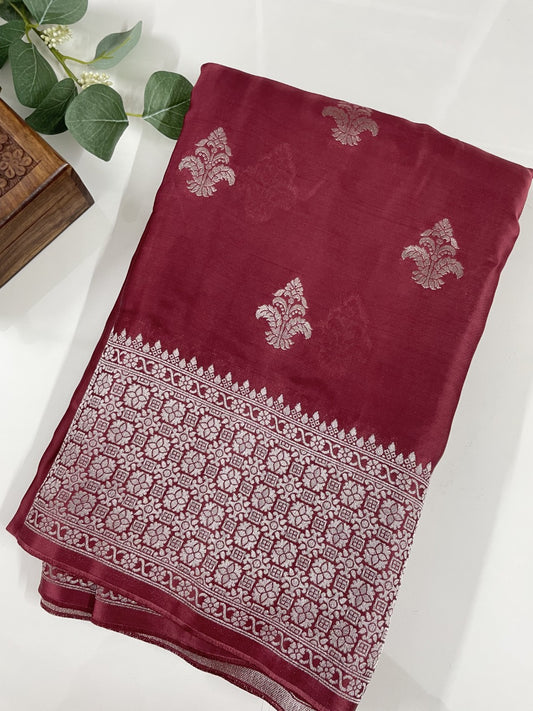 Brown Silver Zari Mashru Silk Saree