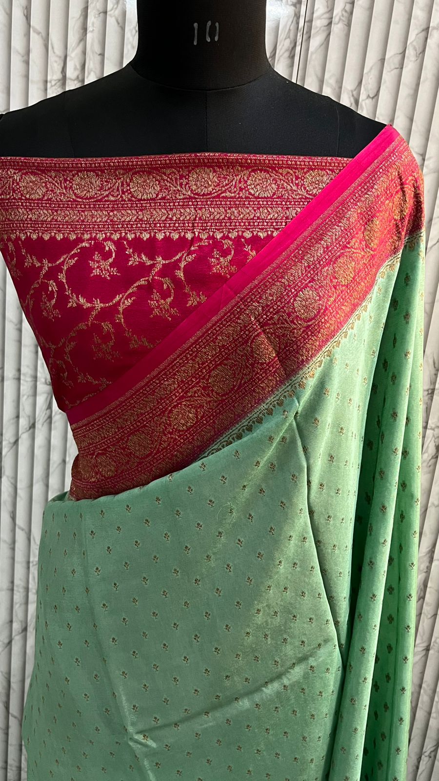 MintGreen N Pink Banarasi Pure Crepe Chiffon Saree