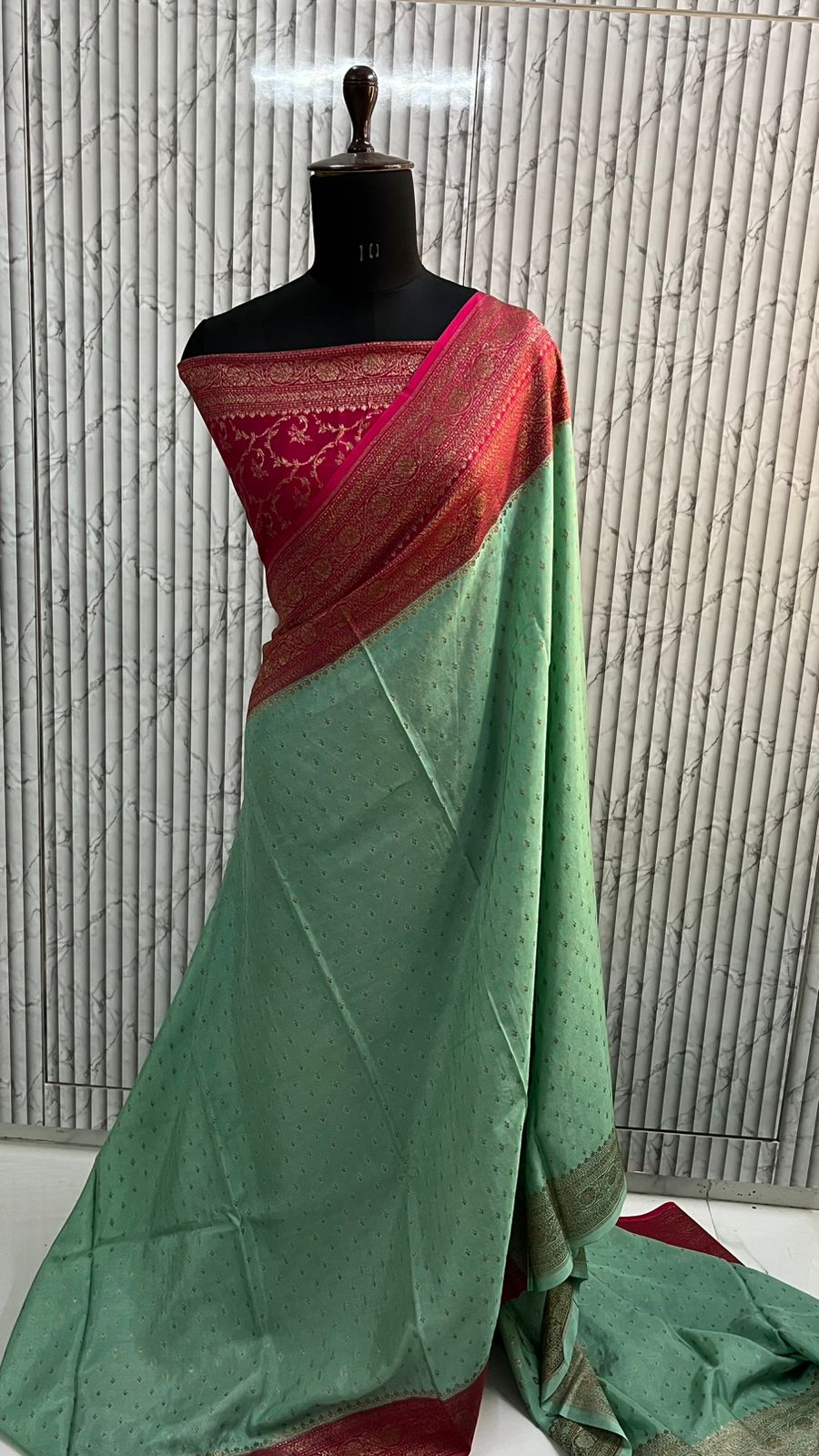 MintGreen N Pink Banarasi Pure Crepe Chiffon Saree
