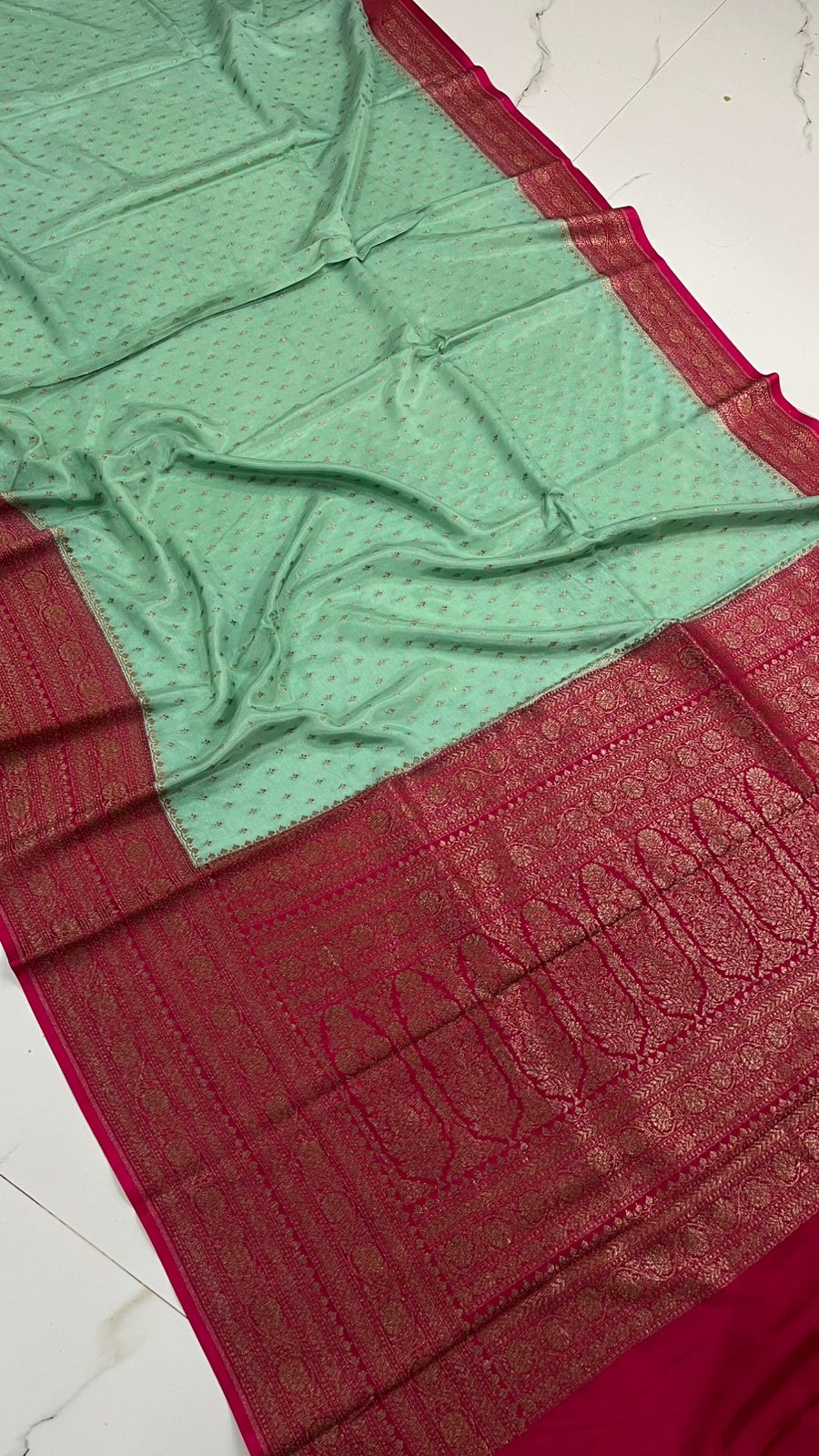 MintGreen N Pink Banarasi Pure Crepe Chiffon Saree