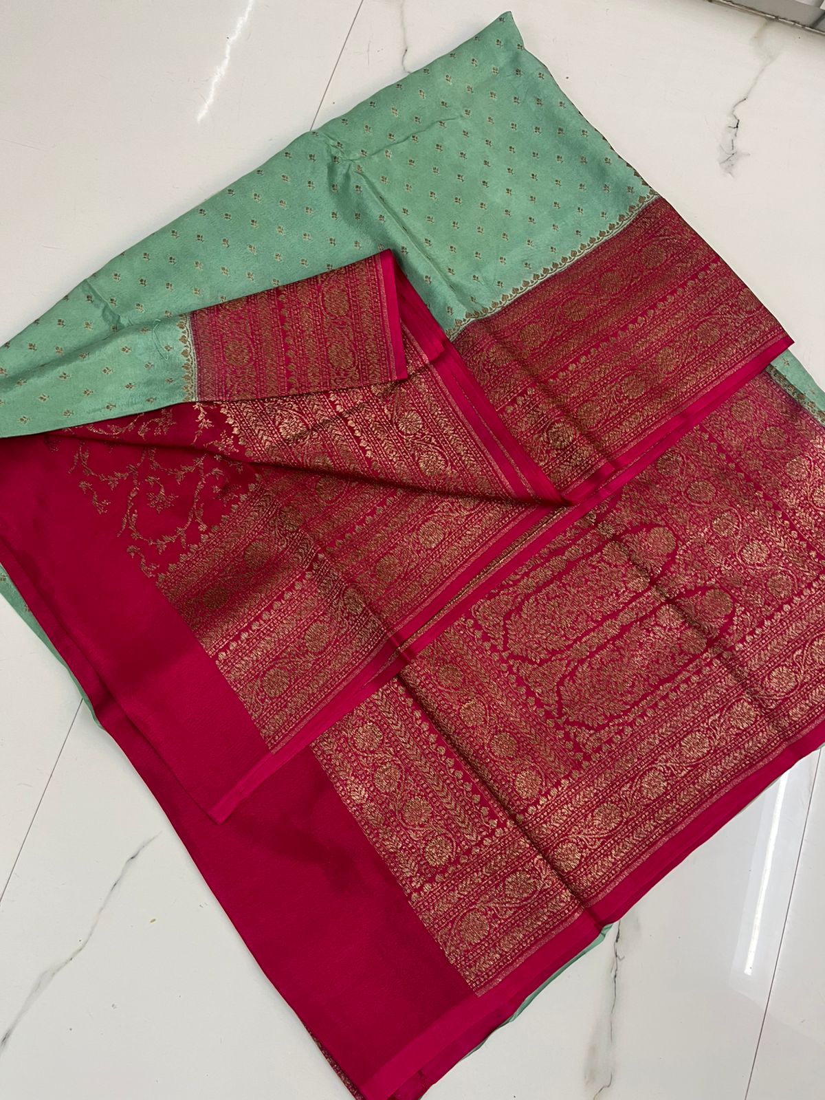 MintGreen N Pink Banarasi Pure Crepe Chiffon Saree