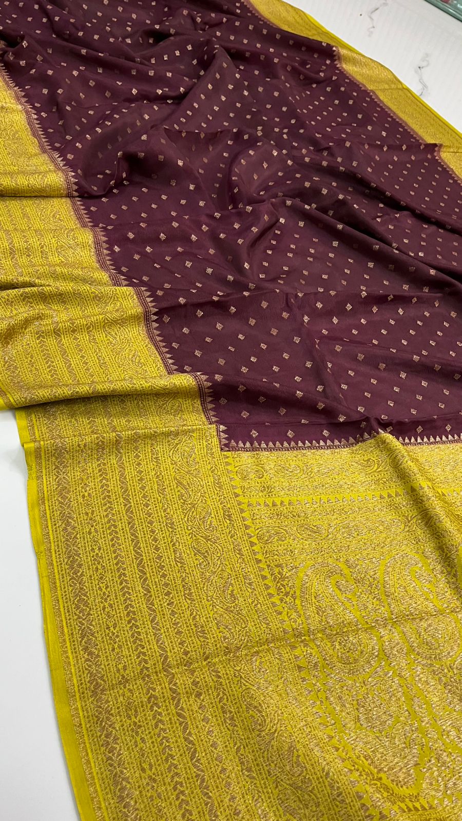 Brown N Yellow Banarasi Pure Crepe Chiffon Saree
