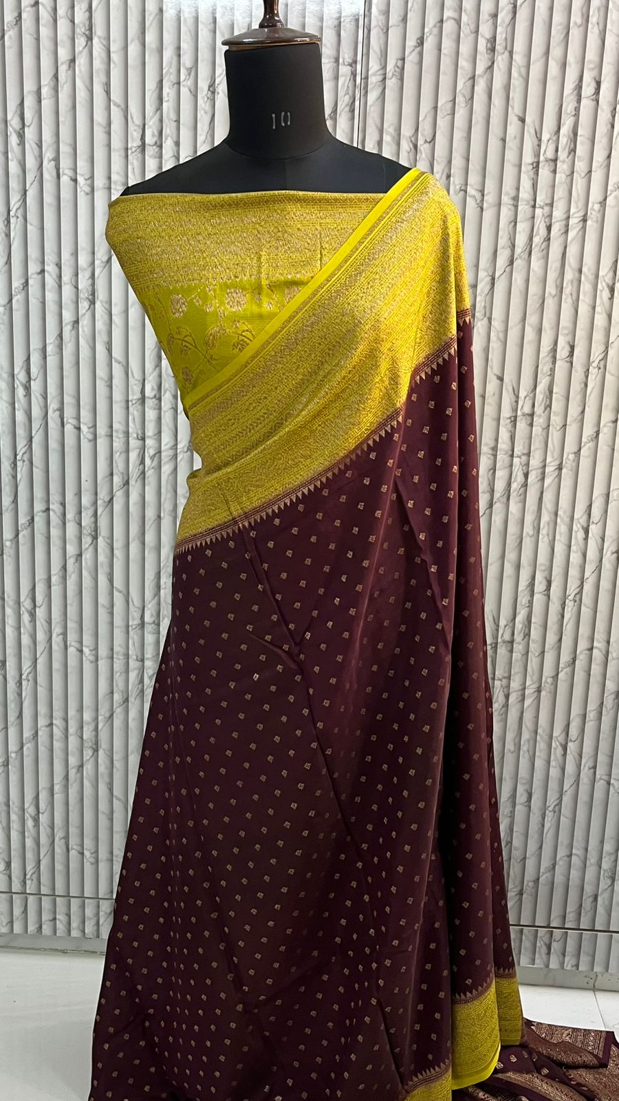 Brown N Yellow Banarasi Pure Crepe Chiffon Saree