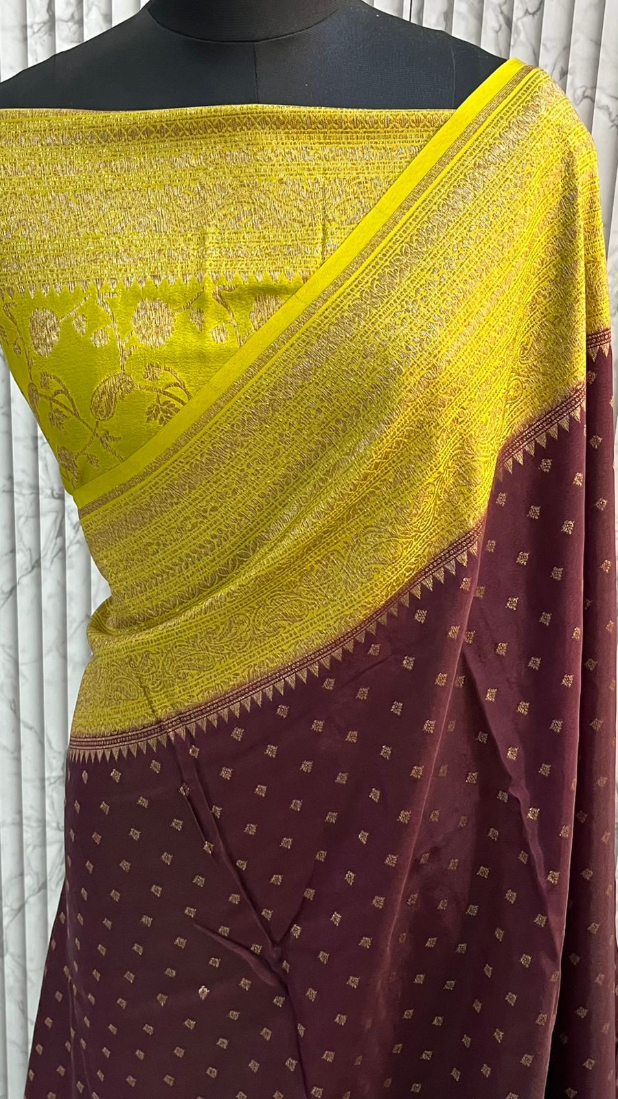 Brown N Yellow Banarasi Pure Crepe Chiffon Saree