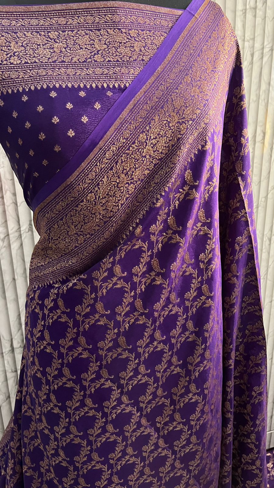 Purple Jaal Banarasi Pure Crepe Chiffon Saree